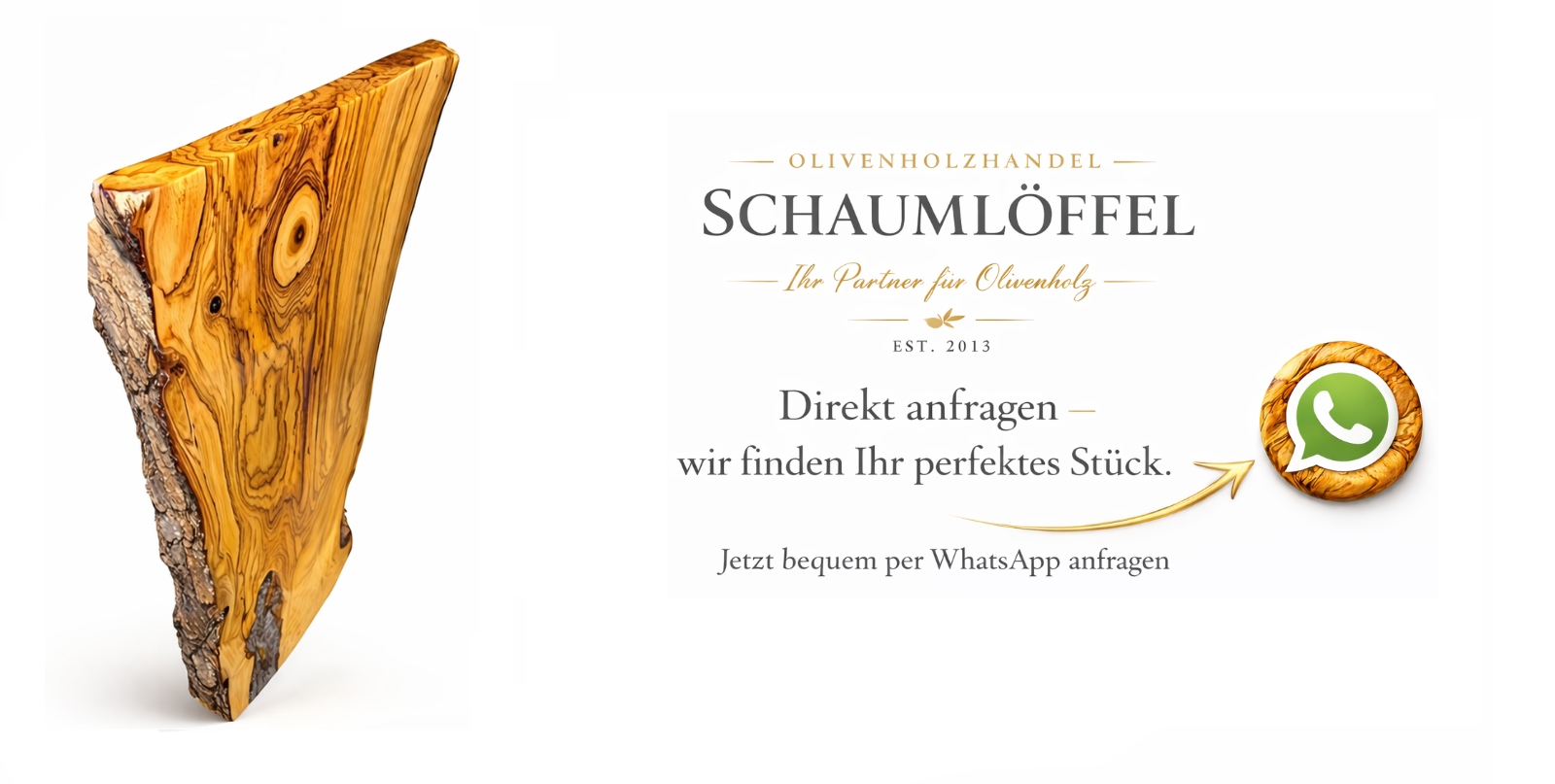 Olivenholz Bohle mit edler Maserung und WhatsApp Anfrage Möglichkeit beim Olivenholzhandel Schaumlöffel